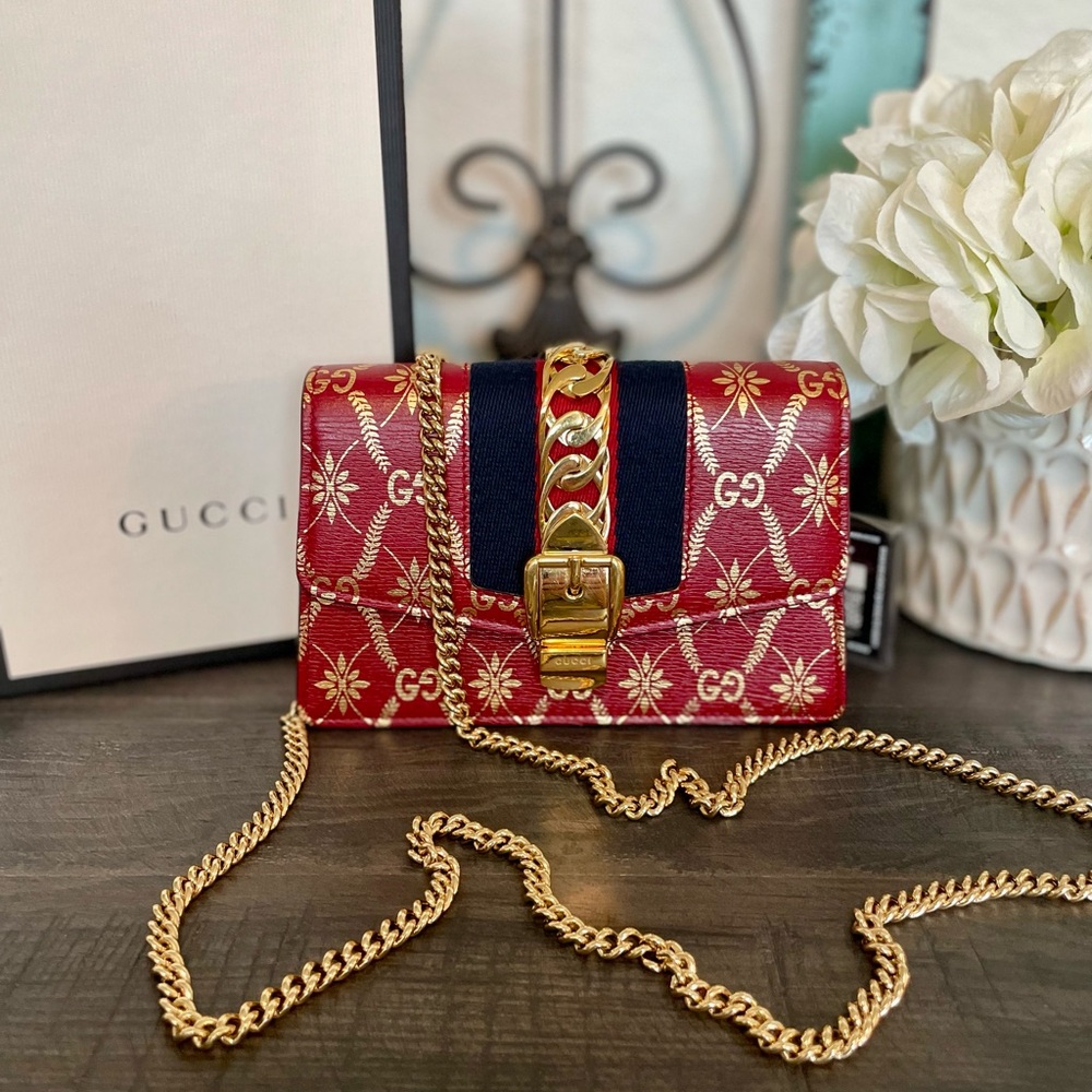 Gucci Red Sylvie Super Mini w/Gold Shoulder Chain - Picture 2 of 11